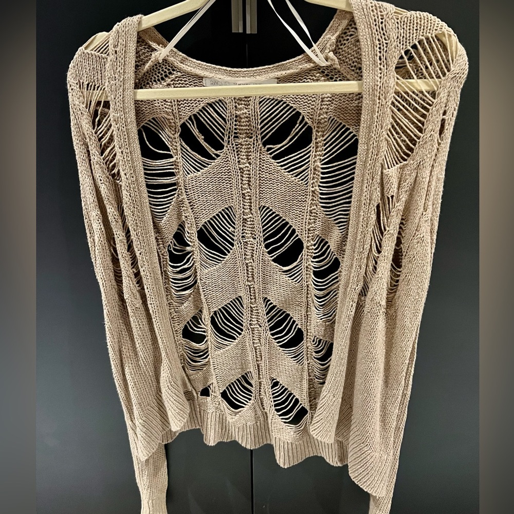 Rachel Roy: Destroyed (cutout) Tan Open-Front Cardigan: small
